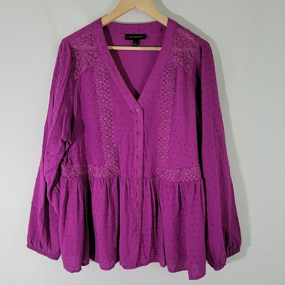 Lane Bryant Classic Top Sz 14 Long-Sleeve Split-Neck Button-Down Peplum Blouse - Picture 3 of 12